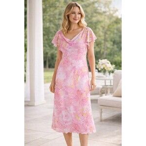 Amanda Lane Pink Floral Dress Size 12 Flutter Sleeve Midi Garden Party Y2K 90's